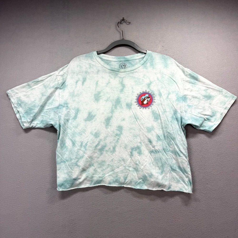 Buc-ee's Crop T-Shirt Top Womens XL Teal White Aztec Starfish Tie Dye Crew Tee